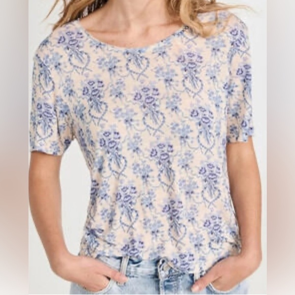 LOVESHACKFANCY CALIX FLORAL SCOOPNECK T-SHIRT IN FROSTED SHORES XS - Picture 1 of 8